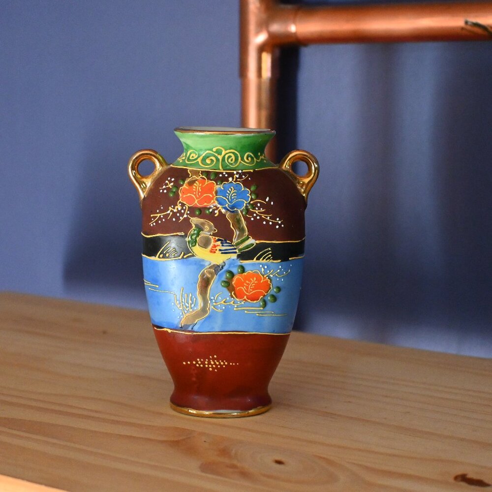 Satsuma Miniature Vase 5 inches Made In Japan Rare Bird Motif